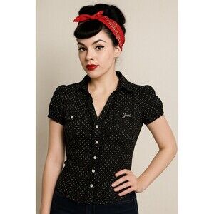 VTG Y2K Guess Womens Small Button Front Cotton Polka Dot Ruffle Rockabilly Retro
